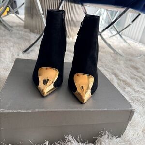 Alexander McQueen Elegant Black Suede and Gold Women's Ankle Booties